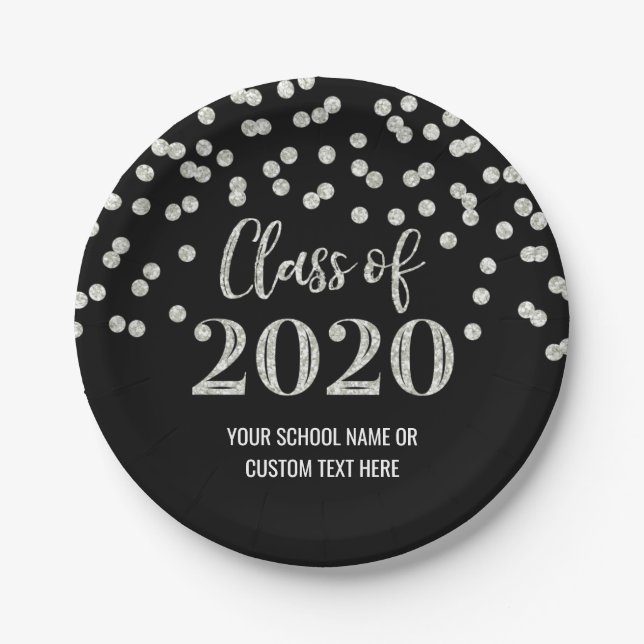 Black Silver Confetti Graduation 2020 Paper Plates (Front)