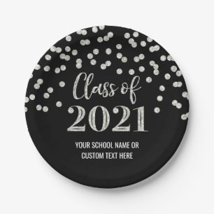 Black Silver Confetti Graduation 2021 Paper Plates