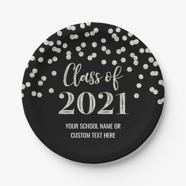 Black Silver Confetti Graduation 2021 Paper Plates (Front)