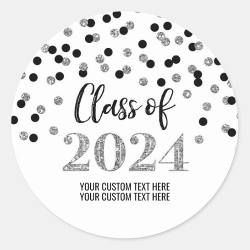 Black Silver Confetti Graduation 2024 Classic Round Sticker