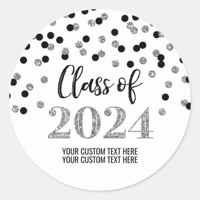 Black Silver Confetti Graduation 2024 Classic Round Sticker (Front)