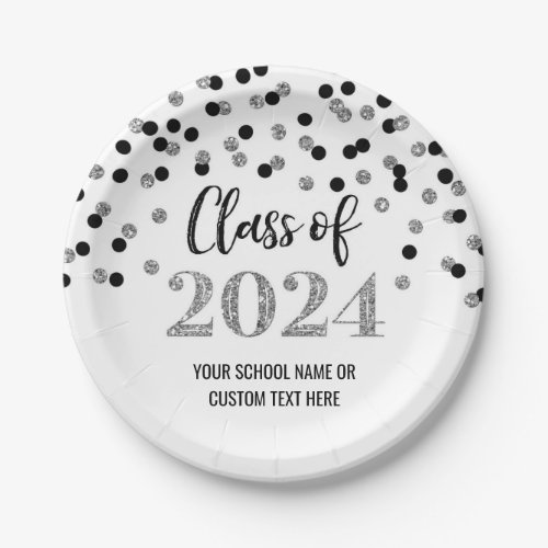 Black Silver Confetti Graduation 2024 Paper Plates