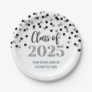 Black Silver Confetti Graduation 2025 Paper Plates