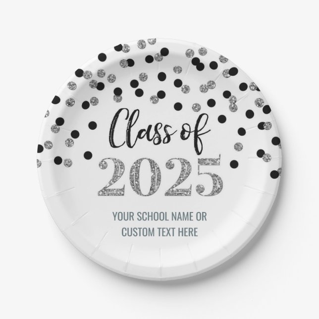 Black Silver Confetti Graduation 2025 Paper Plates (Front)
