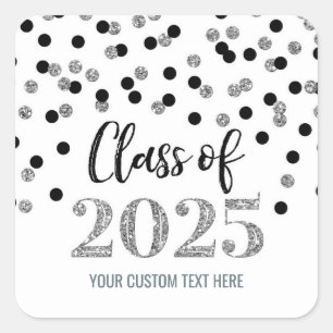 Black Silver Confetti Graduation 2025 Square Sticker