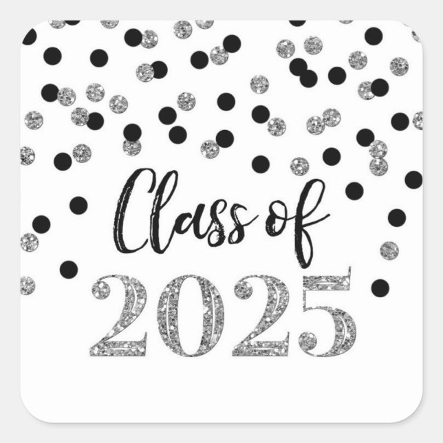 Black Silver Confetti Graduation 2025 Square Sticker (Front)