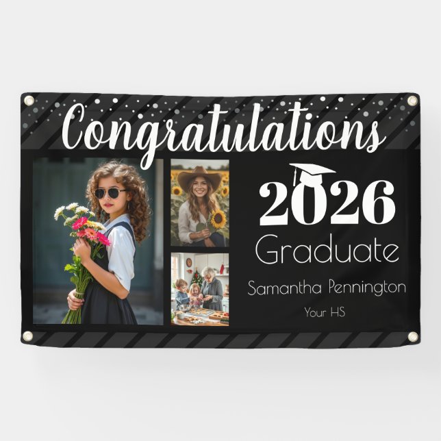 Black Silver Confetti Graduation 3 Photo Senior Banner (Horizontal)