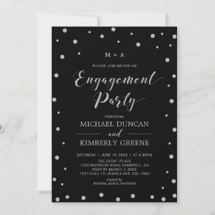Black & Silver Confetti Modern Engagement Party Invitation