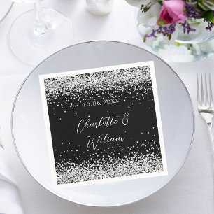 Black silver confetti script wedding napkins