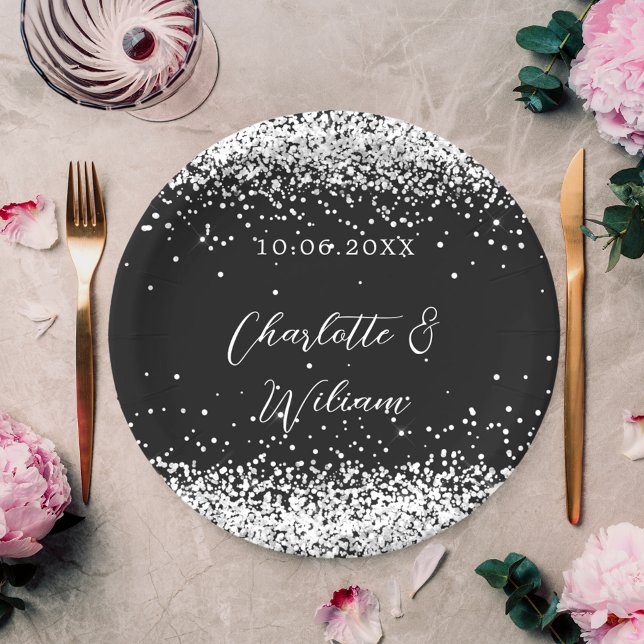 Black silver confetti script wedding paper plates (Creator Uploaded)