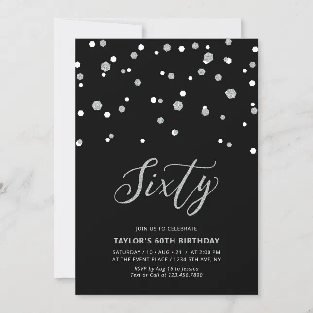 Black & Silver Confetti Sixty 60th Birthday Party Invitation | Zazzle