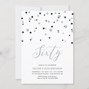 Black & Silver Confetti Sixty 60th Birthday Party Invitation
