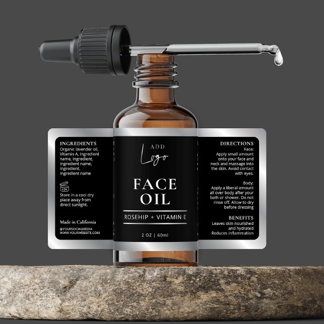 Black & Silver Cosmetic Skincare Bottle Label (Elegant black and silver 2 OZ dropper bottle *verify size* wrapper style label with your custom logo)