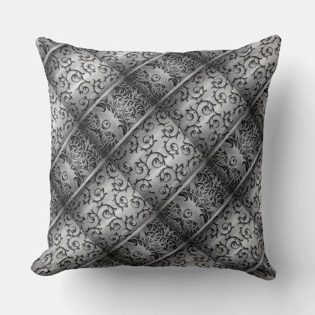 Black & Silver Curls Diamond Pattern Throw Pillow (Front)