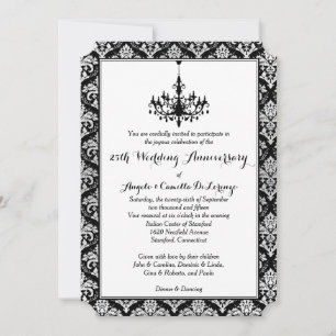 Black, Silver Damask, Chandelier 25th Anniversary Invitation