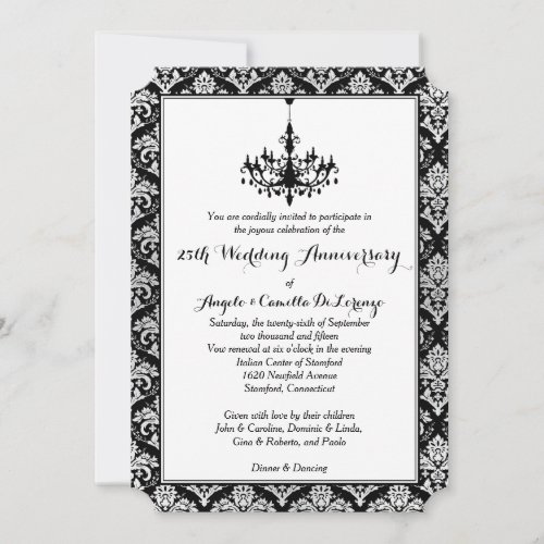 Black Silver Damask Chandelier 25th Anniversary Invitation