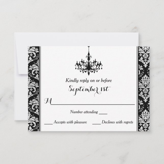 Black, Silver Damask, Chandelier Reply Card (Front)