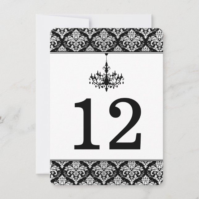 Black, Silver Damask, Chandelier Table Number Card (Front)