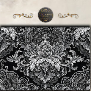 Black Silver Damask Floral Decoupage Tissue Paper