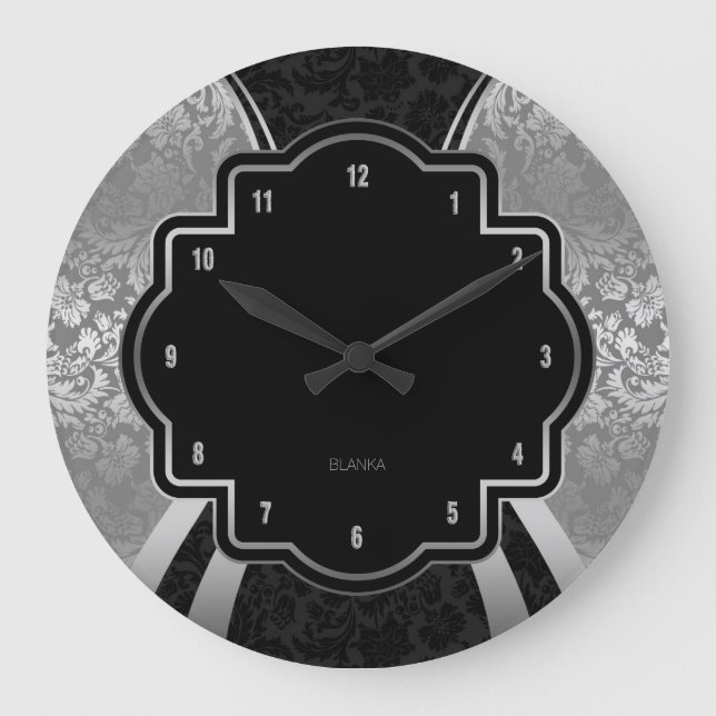 Black & Silver Damask Geometric Design Large Clock (Front)