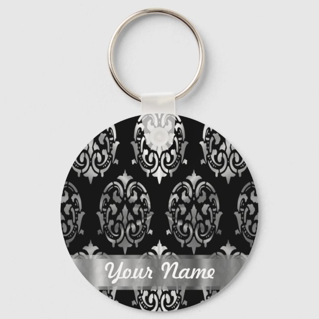Black & silver damask keychain (Front)