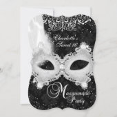 Black Silver Damask Mask Masquerade Sweet 16 Invitation (Front)