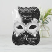 Black Silver Damask Mask Masquerade Sweet 16 Invitation (Standing Front)