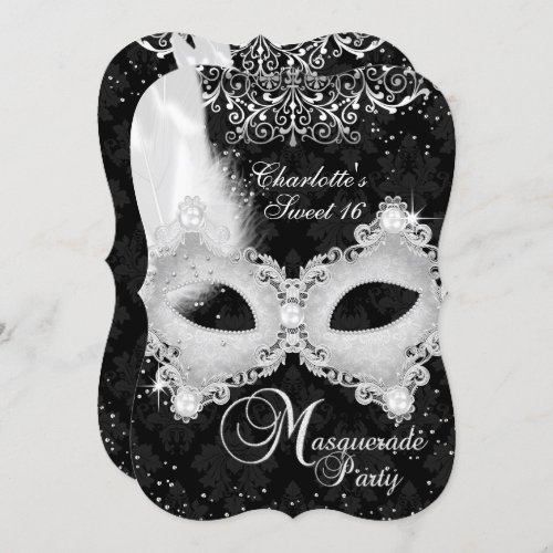 Black Silver Damask Mask Masquerade Sweet 16 Invitation