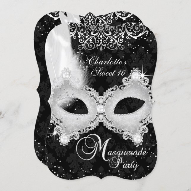 Black Silver Damask Mask Masquerade Sweet 16 Invitation (Front/Back)