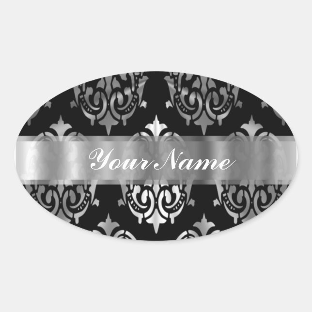 Black & silver damask oval sticker (Front)