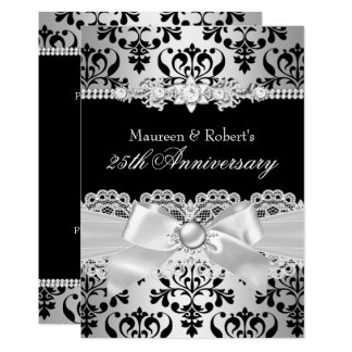 Black Silver Damask Pearl Bow 25th Anniversary Card