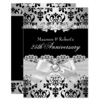 Black Silver Damask Pearl Bow 25th Anniversary Invitation