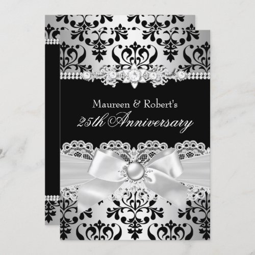 Black Silver Damask Pearl Bow 25th Anniversary Invitation