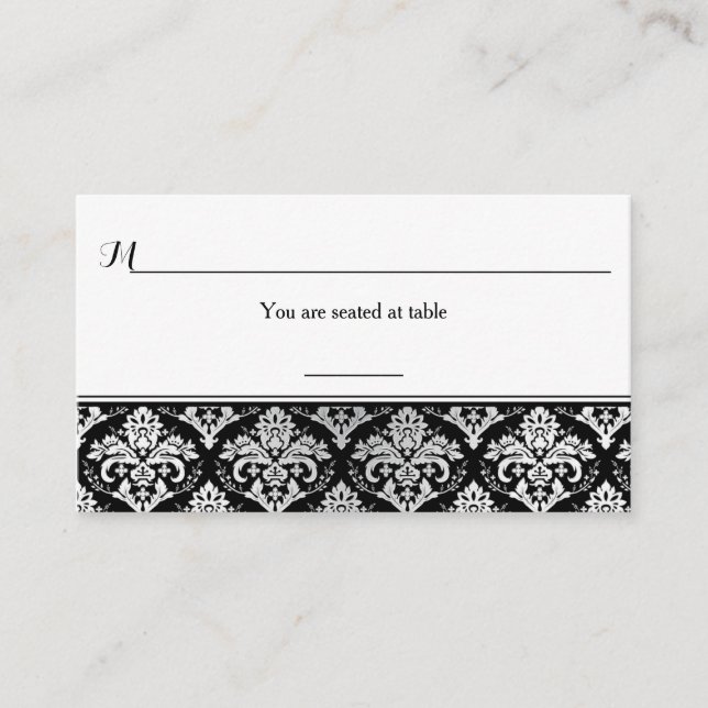 Black Silver Damask Place Card and Favor Tag (Front)