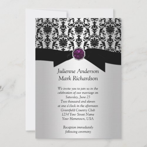 Black Silver Damask Purple Jewel Wedding Invitatio Invitation