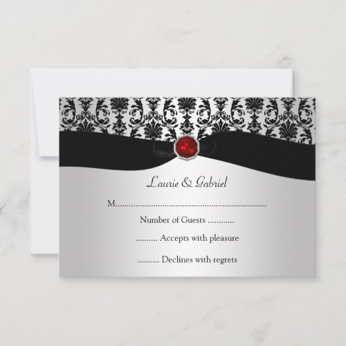 Black Silver Damask Red Jewel RSVP Invitation