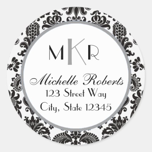 Black  Silver Damask Round Return Address Label