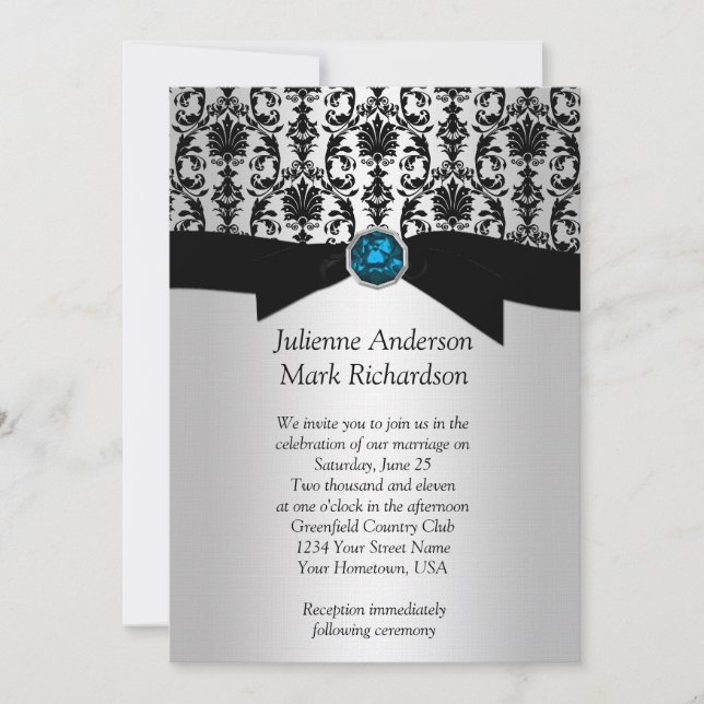 Black Silver Damask Turquoise Wedding Invitatio Invitation (Front)