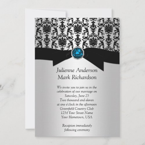 Black Silver Damask Turquoise Wedding Invitatio Invitation