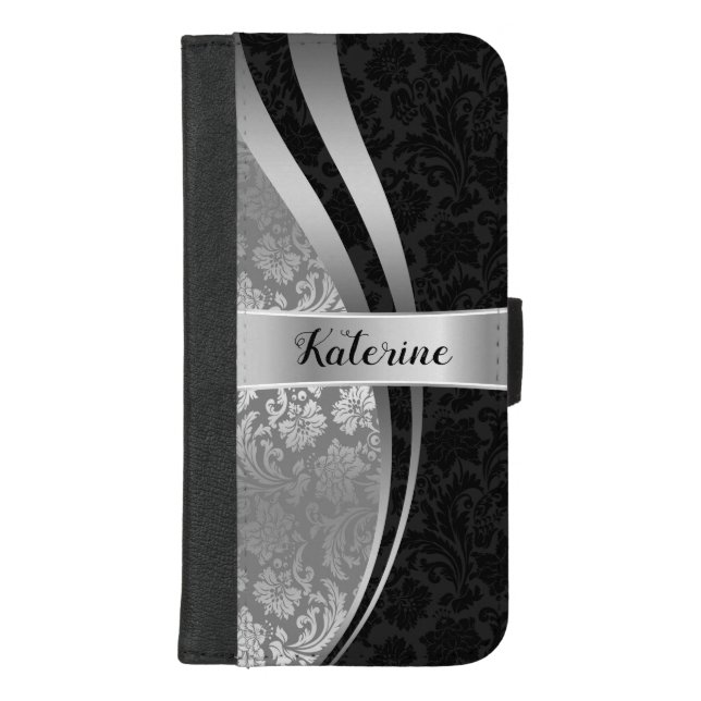 Black & Silver Damasks Geometric Design iPhone Wallet Case (Front)