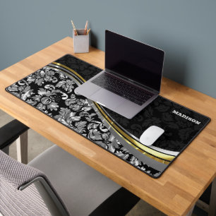 Black & Silver Damasks Gold Accents Desk Mat