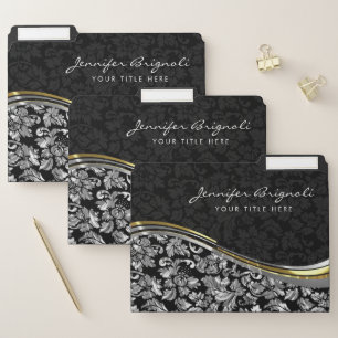 Black & Silver Damasks Gold Accents File Folder