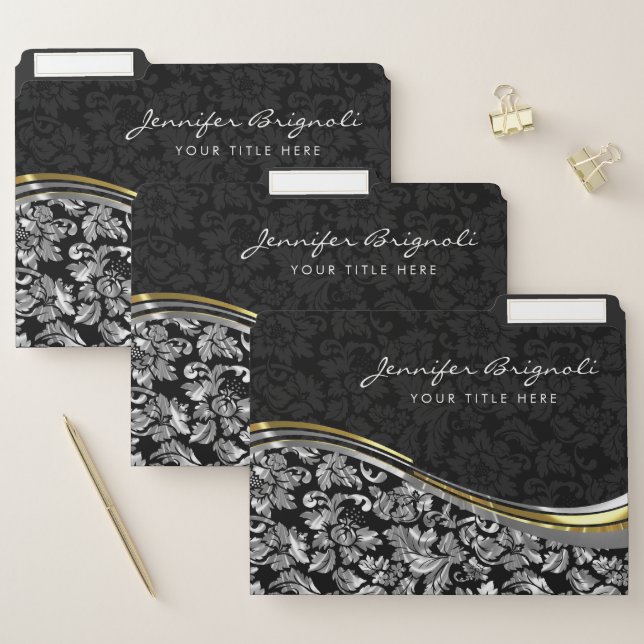Black & Silver Damasks Gold Accents File Folder (Set)
