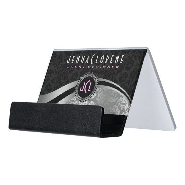 Black Silver Damasks Modern Geometric Design Desk Business Card Holder (Angled Front)