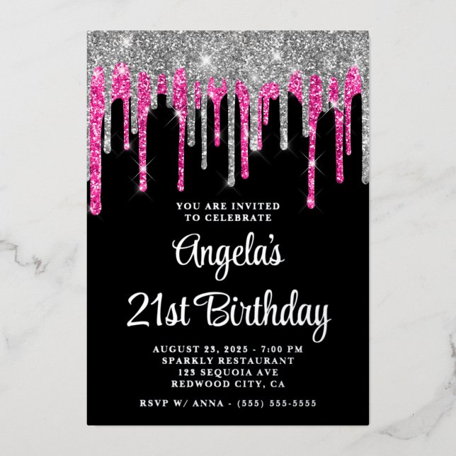Black Silver Deep Pink Glitter Drips 21st Birthday Foil Invitation (Front)