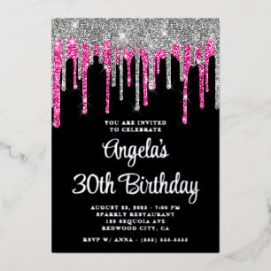 Black Silver Deep Pink Glitter Drips 30th Birthday Foil Invitation