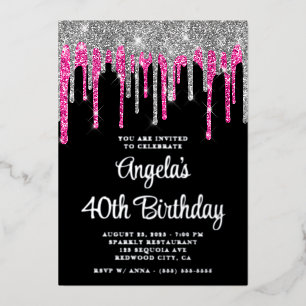 Black Silver Deep Pink Glitter Drips 40th Birthday Foil Invitation