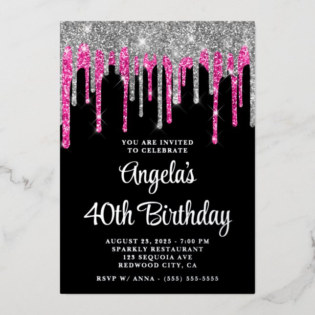 Black Silver Deep Pink Glitter Drips 40th Birthday Foil Invitation (Front)