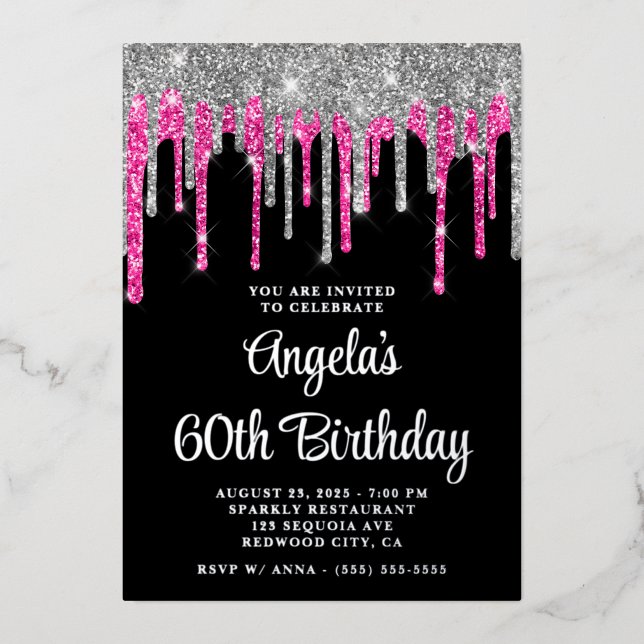 Black Silver Deep Pink Glitter Drips 60th Birthday Foil Invitation (Front)