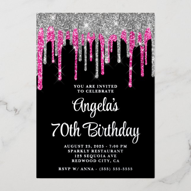 Black Silver Deep Pink Glitter Drips 70th Birthday Foil Invitation (Front)